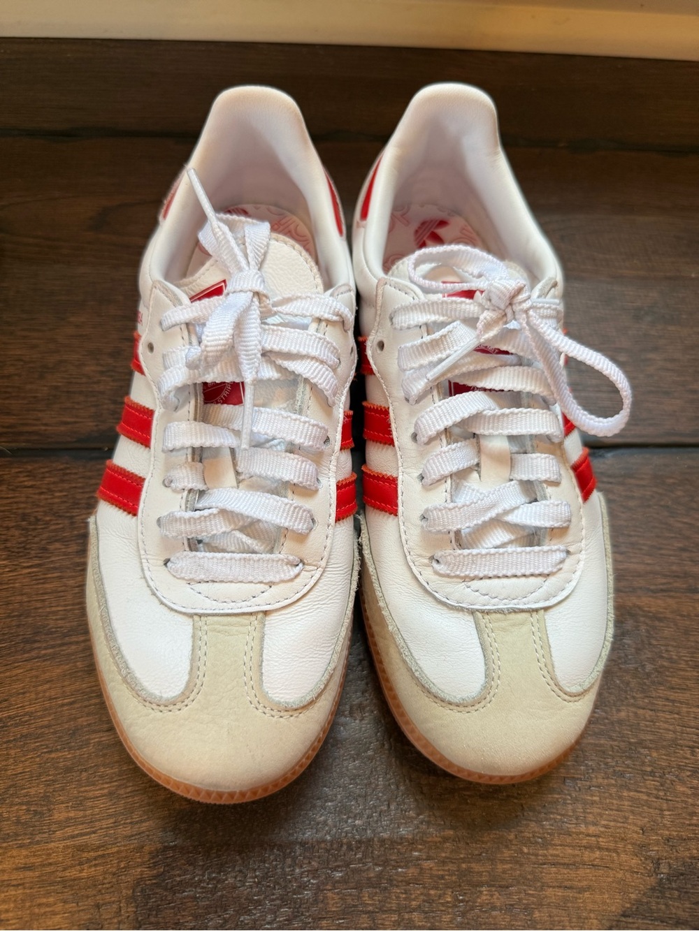 adidas Samba Leather Sneaker in White & Red with Gum Sole - Picture 3 of 6